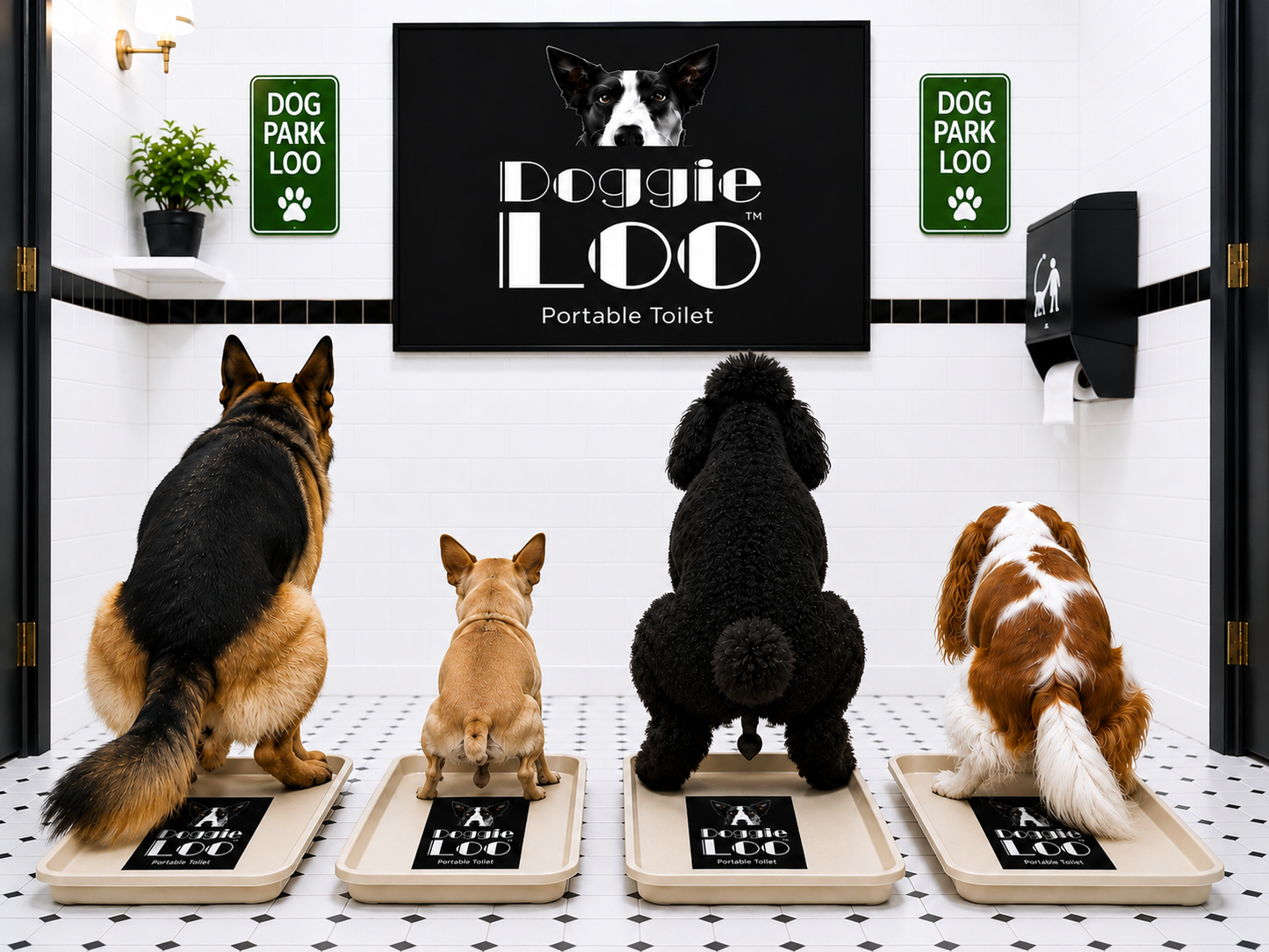 DOGGIE LOO - Four dogs using their portable dog toilets