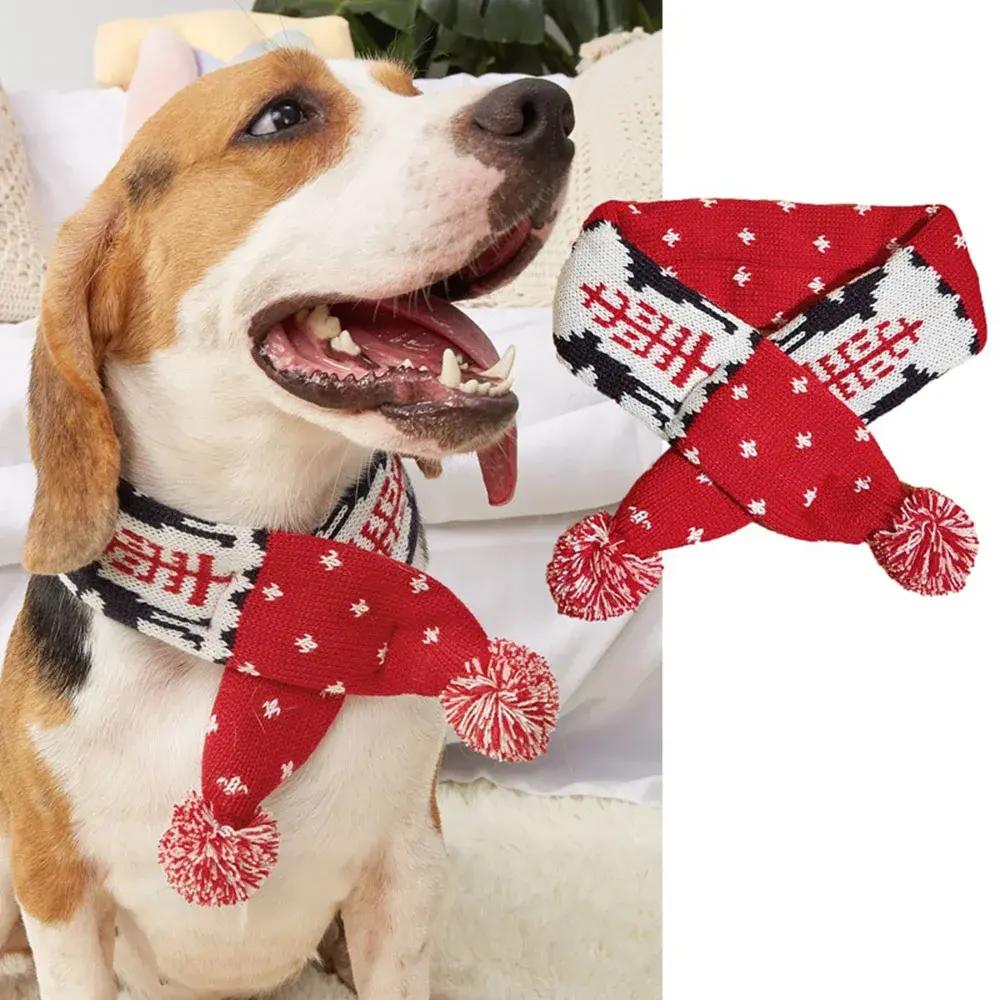 Christmas Dog Scarf Knitted Elk Scarf Striped Hair Ball Pet Scarf Outdoor Winter Warm Cat Dog Scarves Puppy Collar Pet Supplies