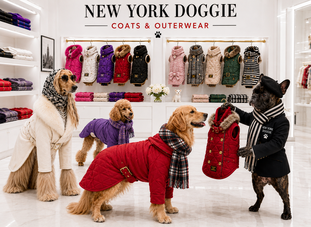 New York Doggie Coats & Outerwear - stylish dogs in premium coats and jackets in a luxury boutique setting