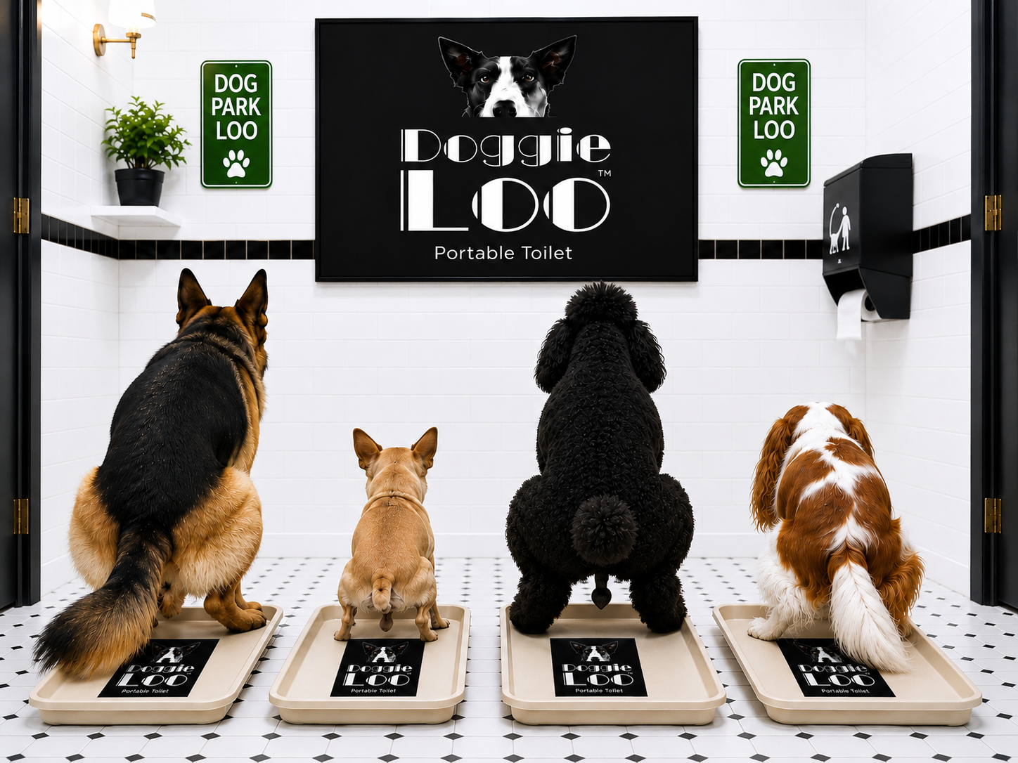 DOGGIE LOO - Four dogs using their portable dog toilets