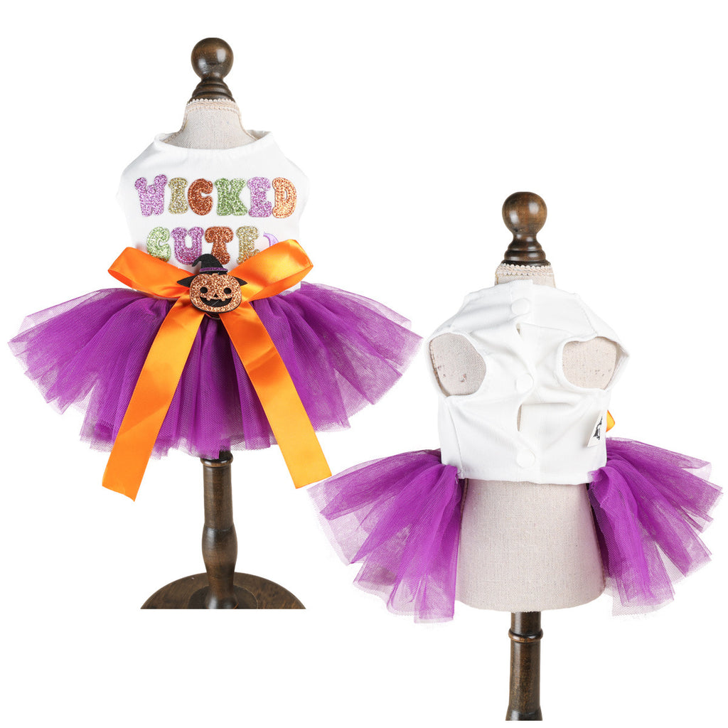 Purple Mesh Pumpkin Witch Pet Halloween Dress with Colorful Sequin Letters Dog Princess Dress Pet Party Costume