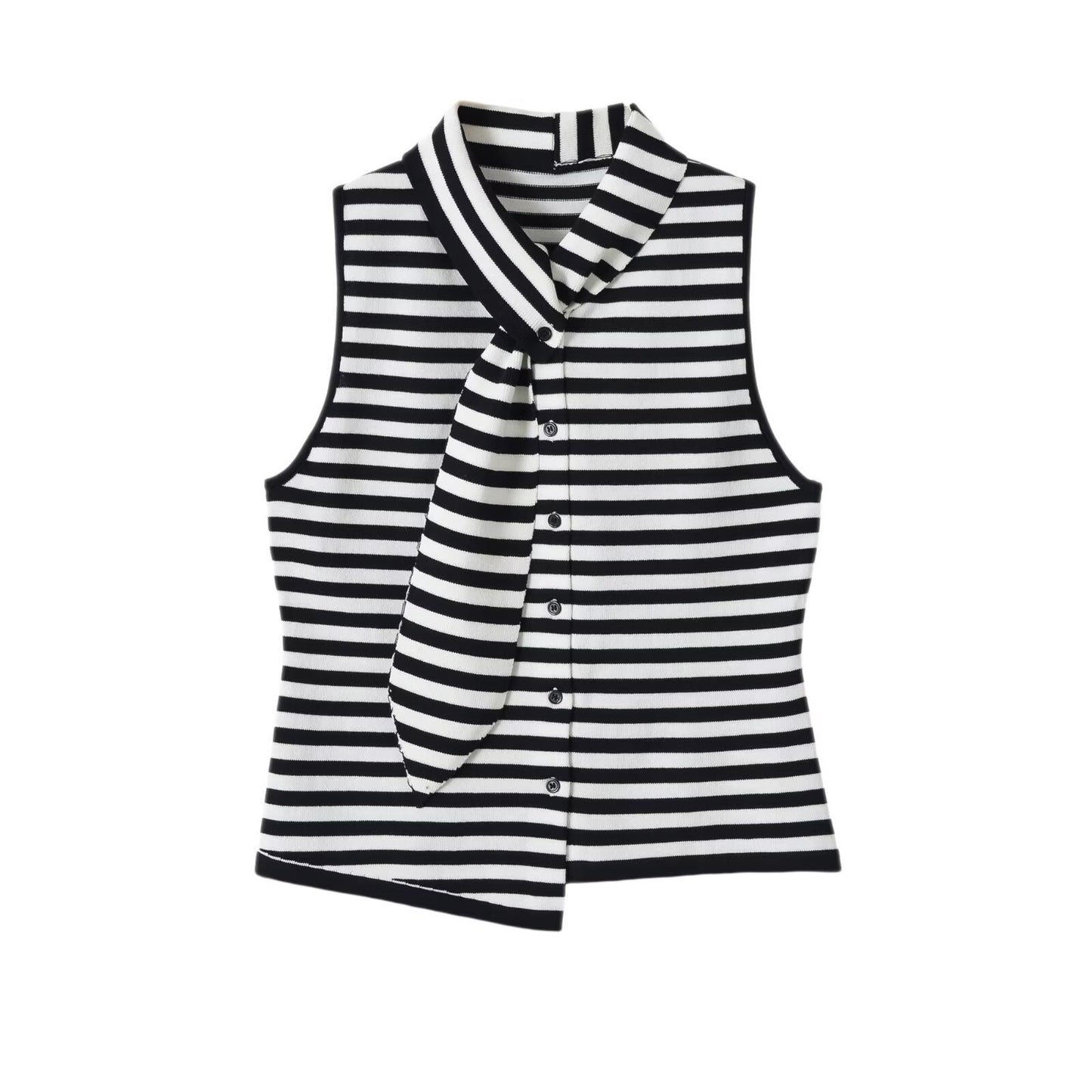 Casual sleeveless bow collar striped knit