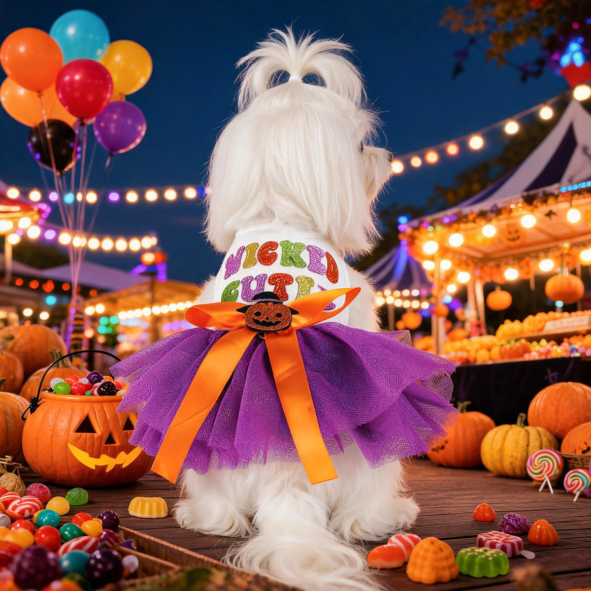 Purple Mesh Pumpkin Witch Pet Halloween Dress with Colorful Sequin Letters Dog Princess Dress Pet Party Costume