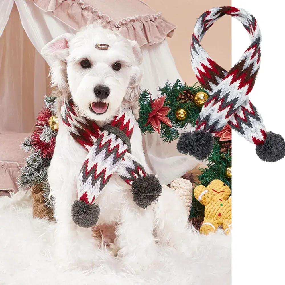 Christmas Dog Scarf Knitted Elk Scarf Striped Hair Ball Pet Scarf Outdoor Winter Warm Cat Dog Scarves Puppy Collar Pet Supplies