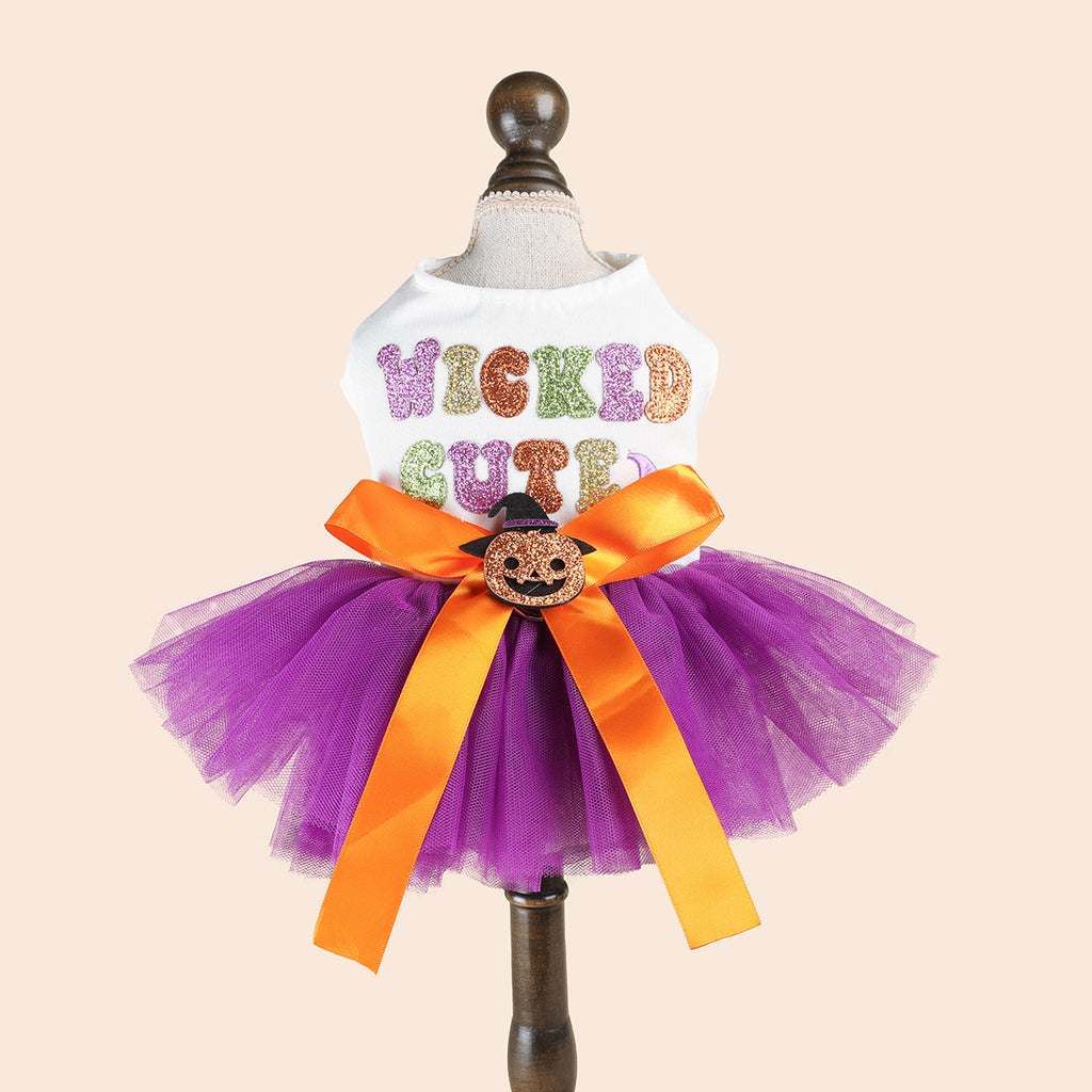 Purple Mesh Pumpkin Witch Pet Halloween Dress with Colorful Sequin Letters Dog Princess Dress Pet Party Costume