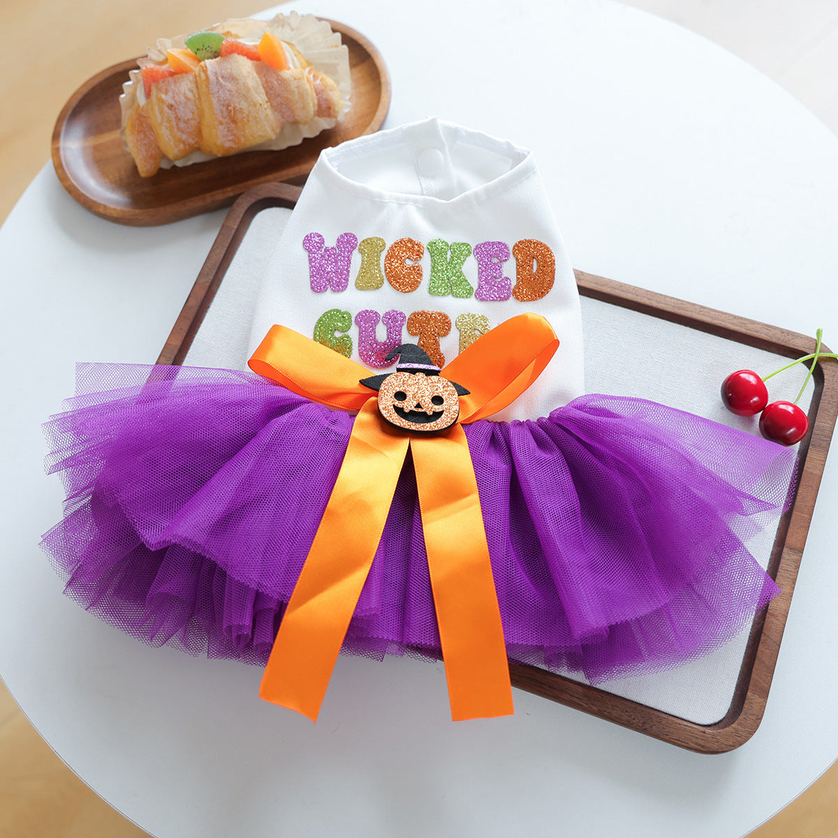 Purple Mesh Pumpkin Witch Pet Halloween Dress with Colorful Sequin Letters Dog Princess Dress Pet Party Costume