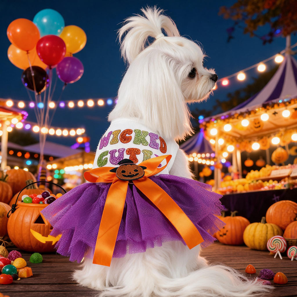 Purple Mesh Pumpkin Witch Pet Halloween Dress with Colorful Sequin Letters Dog Princess Dress Pet Party Costume