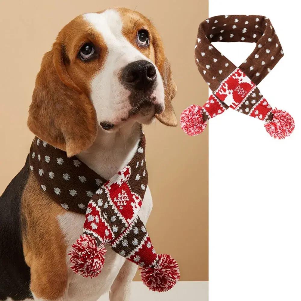Christmas Dog Scarf Knitted Elk Scarf Striped Hair Ball Pet Scarf Outdoor Winter Warm Cat Dog Scarves Puppy Collar Pet Supplies