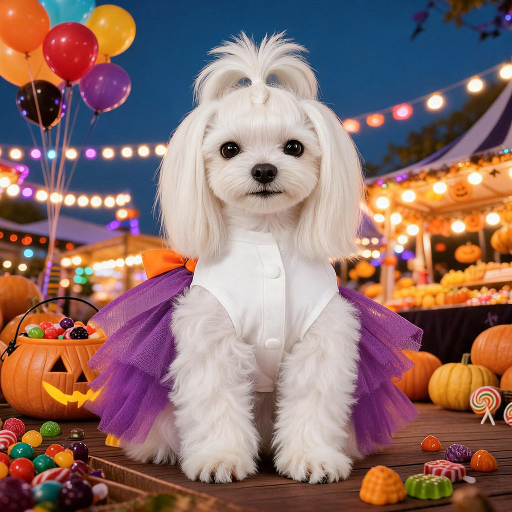 Purple Mesh Pumpkin Witch Pet Halloween Dress with Colorful Sequin Letters Dog Princess Dress Pet Party Costume